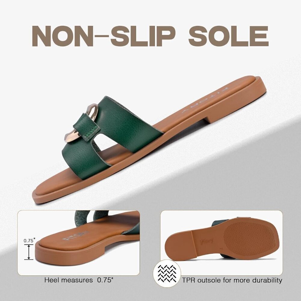 Women's Green Square Open Toe Slides PU Strap Metal Chain Slippers Flat Sandals - Picture 4 of 5